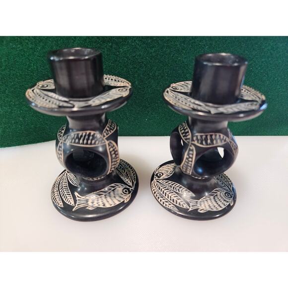 Vintage set of hand carved black soapstone candleholder Fish and Leaf Motif - Picture 1 of 10